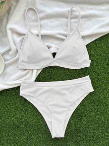 Swim Basics Women's Summer Beach Solid Color Sexy Fashion Bikini Two-Piece Swimsuit Set, Wireless - White - View 2