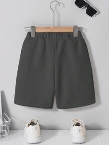 SHEIN Tween Boy Casual Comfortable Patchwork Solid Color Knee Length Slant Pocket Shorts - Dark Grey - View 2