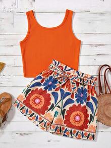 Emery Rose Kids Emery Rose Kids Tween Girl Black Tank Top & Leopard Print Paper Bag Shorts 2 Pieces Set - Orange - View 6