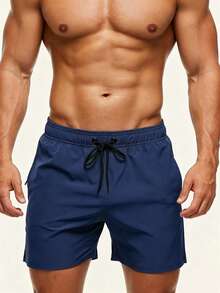 Manfinity KASUA Men's Plus Size Solid Color Drawstring Waist Pocket Beach Shorts, Holiday - Navy Blue - View 1