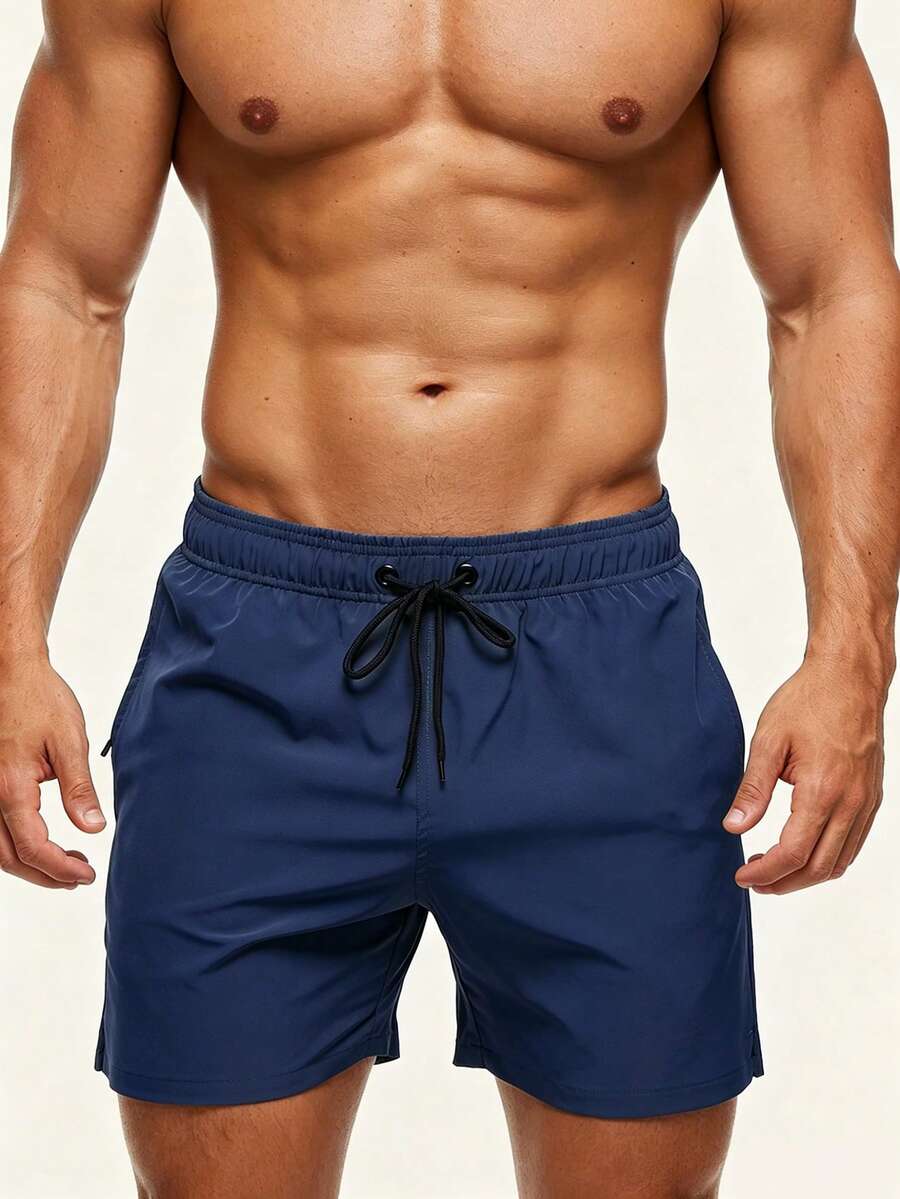 Manfinity KASUA Men's Plus Size Solid Color Drawstring Waist Pocket Beach Shorts, Holiday - Navy Blue - View 1