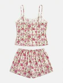lacRébo Pink Vintage Floral Print Cami And Shorts Sleepwear Set With Delicate Straps And Tiny Bows Summer Homewear - Multicolor - View 10