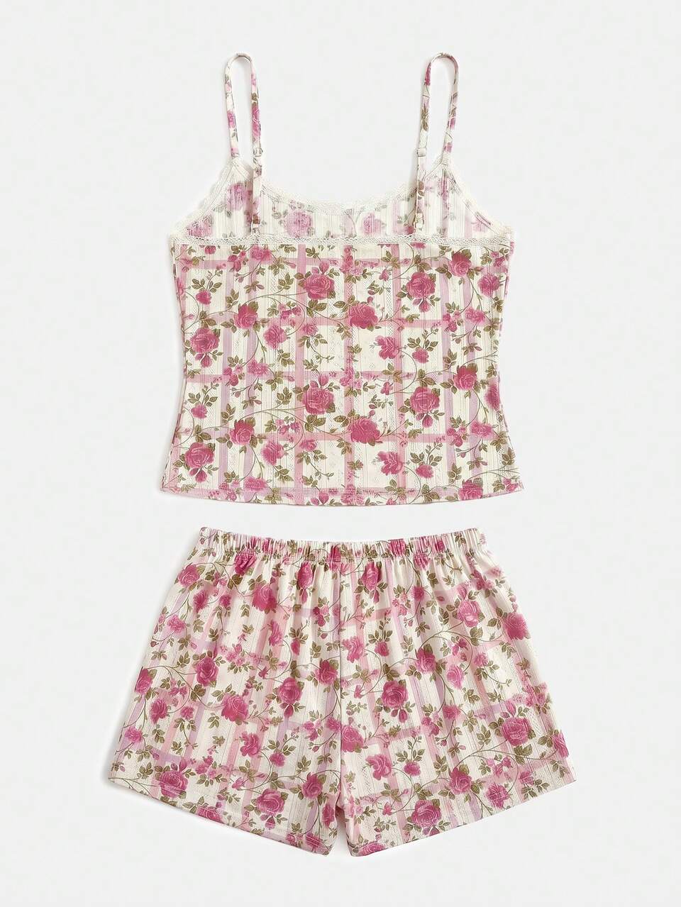 Pink Vintage Floral Print Cami And Shorts Sleepwear Set With Delicate Straps And Tiny Bows Summer Homewear