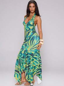 MUSERA Animal Print Slinky Plunge Halterneck Ruched Fitted Asymmetric Midi Dress Spring Summer Holiday Vacation Beach Ibiza Festival Party Elegant Divinity - Green - View 5