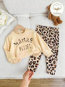 SHEIN 2pcs Baby Girl Solid Color Loose Fit Crew Neck Sweatshirt And Leopard Print Pants Set - Multicolor - View 1