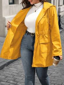 EMERY ROSE Plus Size Women's Cinched Waist Zipper Hooded Jacket - Yellow - View 7