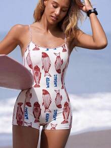 Swim SPRTY 2026 Spring/Summer New Off-White Fun Fish Stripe Patchwork Print Sports Tropical Vacation Beach Seaside Casual Women's One-Piece - Multicolor - View 2