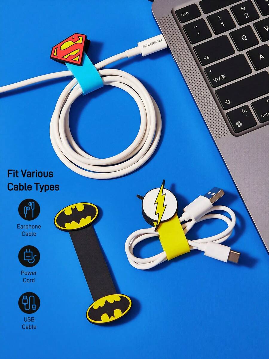 SUPERMAN X SHEIN Cartoon Data Cable Storage Clip, Travel Earphone Charging Cable Finishing Clip, Household Multi-Functional Cute Winding Organizer, Suitable For Various Cable Storage - Multicolor - View 1