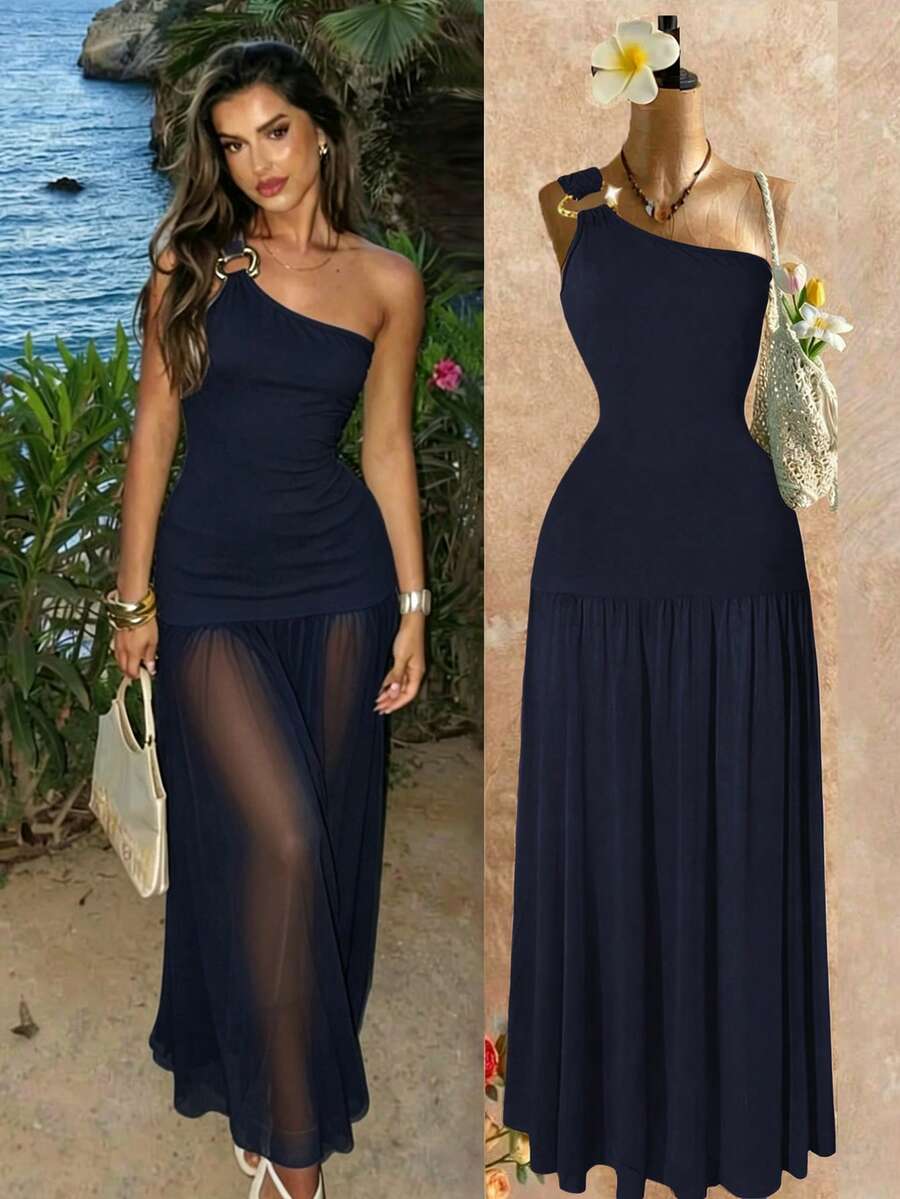 Rafferiza Robe moulante en maille élastique bleu clair avec boucle métallique décorative à une épaule pour femmes, robe d'hiver, robe de Noël, robe du Nouvel An, robe de soirée, robe élégante, robe de remise des diplômes, robe de plage, robe de fête de Noël, robe du réveillon du Nouvel An, robe de fête de Noël, robe de soirée élégante, robe de soirée longue - Bleu marine - Voir 1