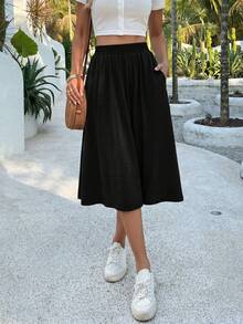 Breezaya Ladies' Fashionable Solid Color Casual A-Line Skirt - Black - View 5