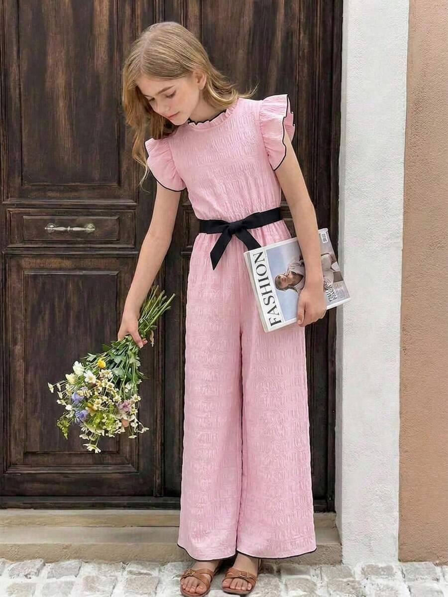 SHEIN 少女波點百褶連身褲,荷葉領、短袖、可拆卸腰帶、抓皺設計,適合日常優雅休閒、度假、派對、節日、購物 - 粉色 - 查看 1