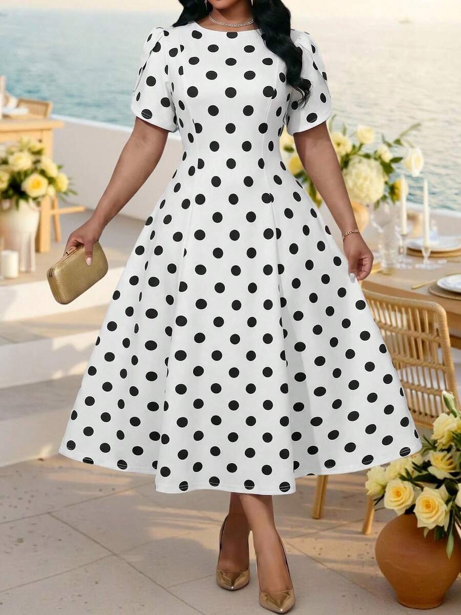 Fleurora Đầm thanh lịch size lớn cổ tròn tay cánh hoa chấm bi eo cao - Đen và trắng - Xem 1
