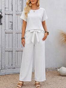 EMERY ROSE Women's Solid Color Short Sleeve Top And Long Pants Casual Daily 2 Pieces Set - White - View 5