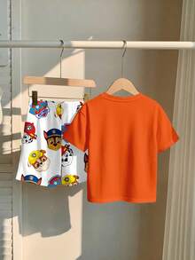 SHEIN | PAW Patrol Setelan 2 potong kaos lengan pendek dan celana pendek berkerah bulat motif kartun lucu klasik untuk anak laki-laki, kasual, sederhana, longgar, nyaman, dan imut, cocok untuk musim semi dan musim panas. - MultiWarna - View 6
