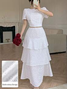 Modelyn Spring/Summer Hollow Embroidery Short Sleeve Round Neck Cropped Top Layered Cake Long Skirt 2 Pieces Set Vacation White Elegant - White - View 6