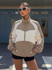 Muchica Chaqueta ligera de nailon de color block para exteriores - Caqui - Ver 5