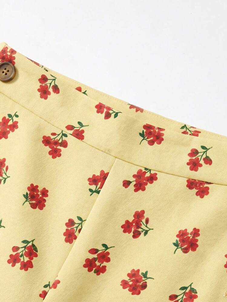 Chic Beige Vintage Floral High-Waisted Pants Cute Summer Holiday Casual French Style Office Vintage