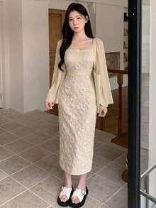 DAZY Robe mi-longue élégante à manches longues pour femmes avec col carré jacquard. Convient pour les événements de printemps/automne. Robe de femme élégante et formelle, robe de soirée de luxe - Beige - Voir 9