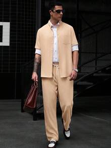 Manfinity Homme Manfinity CasualCool 男士休閒度假短袖襯衫套裝 夏季度假男裝度假穿搭 男士度假服裝 男士度假穿著 假日度假 - 卡其色 - 查看 5
