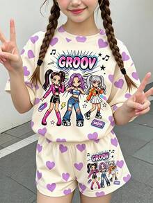 2件組少女卡通花卉公主T恤短褲套裝，甜美可愛、舒適百搭，適合夏季出遊與棕色系校園穿搭 - 彩色 - 查看 2