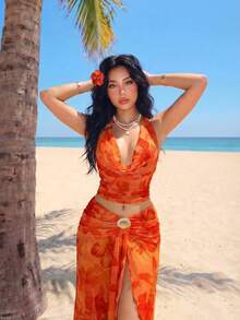 Sweetina Débardeur femme à imprimé floral asymétrique avec décoration métallique, idéal pour les vacances - Orange - Voir 5