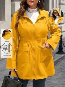 EMERY ROSE Plus Size Women's Cinched Waist Zipper Hooded Jacket - Yellow - View 1
