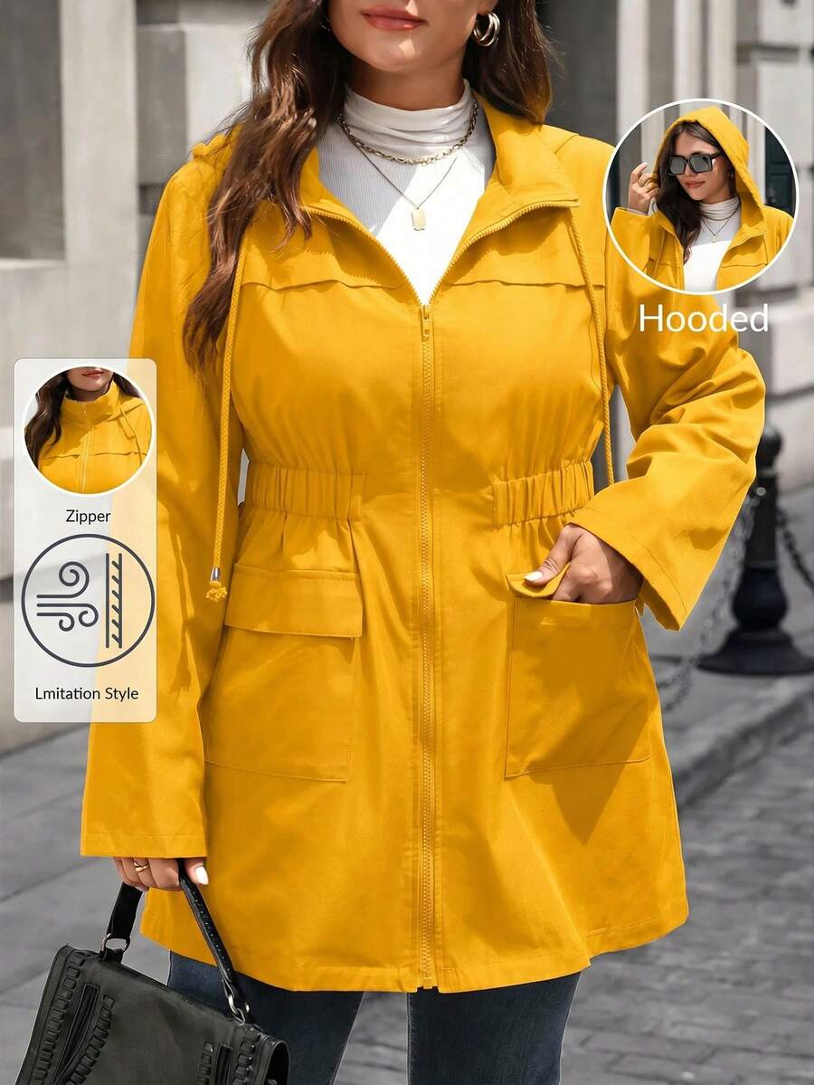 EMERY ROSE Plus Size Women's Cinched Waist Zipper Hooded Jacket - Yellow - View 1