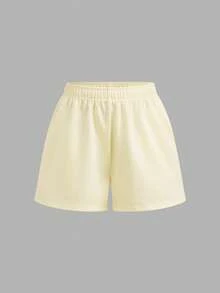 SHEIN Girlism 青少年女孩休閒熱帶運動純白色抹胸上衣與短褲2件套，度假夏季款 - 黃色 - 查看 5