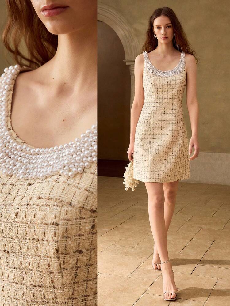 WOMEN'S APRICOT TWEED PLAID PATTERN FAUX PEARL DECOR SLEEVELESS DRESS