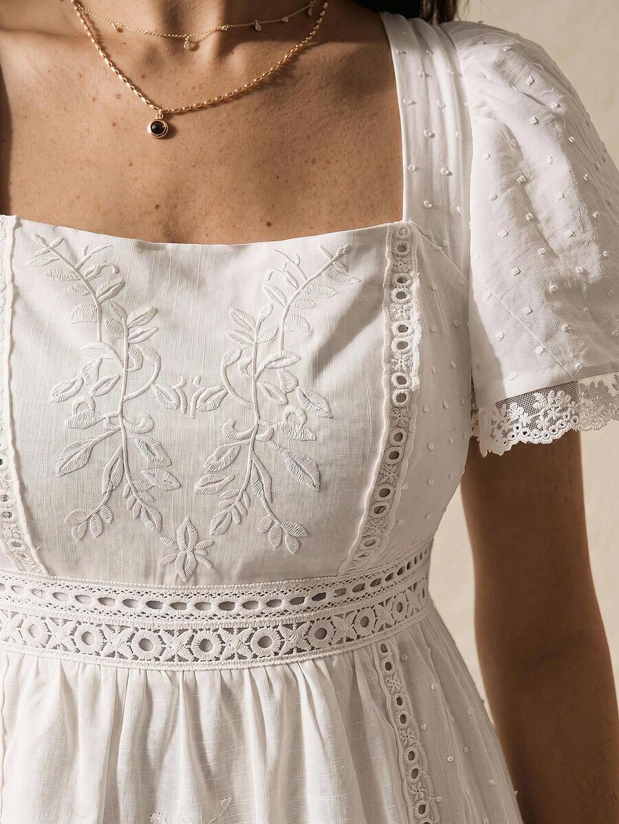 Willow Rêve 白色波希米亞風蕾絲拼接刺繡長款棉質女裝洋裝 - 白色 - 查看 1