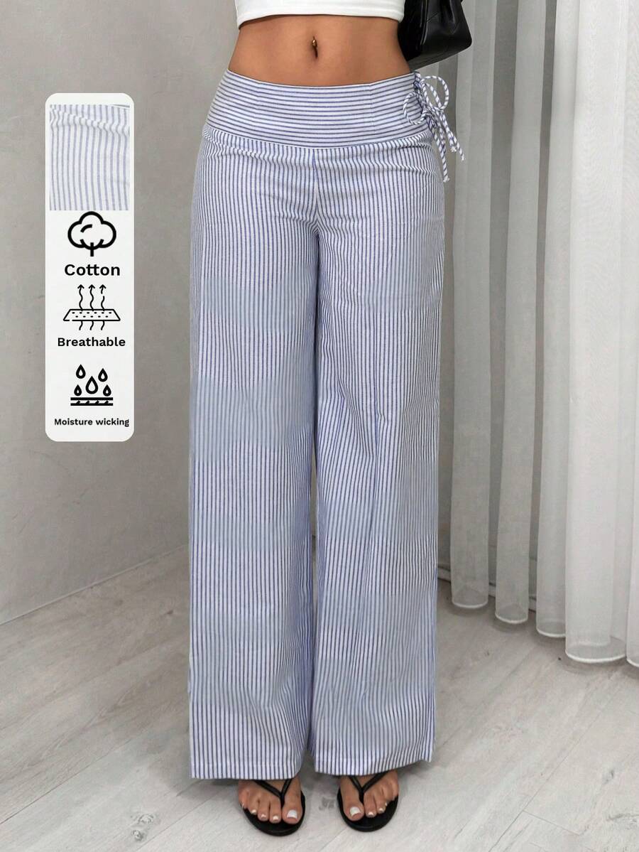 TRNVIE Women's Blue And White Striped Drawstring Tie Waist High-Waisted Straight Leg Pants Beach Autumn Conservative - Blue and White - View 1