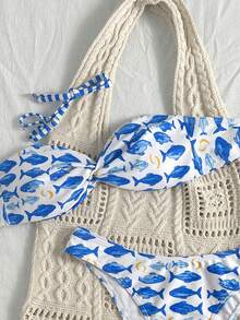 Swim Mod Spring/Summer New Blue Small Fish Print Spaghetti Strap Twist Bandeau Low Waist Pants Two-Piece Vacation Set - Multicolor - View 7