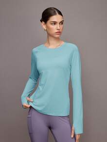 Activina Solid Color Round Neck Loose Fit Long Sleeve Sports T-Shirt, Spring/Summer - Blue - View 6