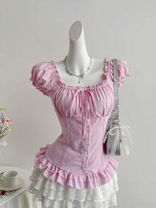 SHEIN Sweetro Women's Plaid Waist-Cinched Ruffle Tie Short Sleeve Blouse - Pink - View 5