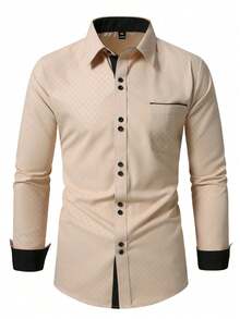 Manfinity Mode 男士大尺碼商務長袖襯衫，儀式穿著 - 卡其色 - 查看 3