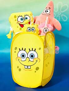 SpongeBob SquarePants | SHEIN 聚酯纖維可折疊收納籃 - 彈跳式便攜收納籃，家用多功能收納盒，適用於衣物、玩具、雜物分類，輕巧耐用且易於清潔，適用於臥室、客廳、浴室、宿舍、旅行使用，附手柄可懸掛收納，卡通圖案設計時尚 - 黃色 - 查看 2