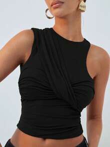 Hauture Women's Sexy Casual Solid Color One Shoulder Ruched Front Twist Top - Black - View 2