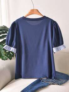 CosyJoli Women's Plus Size Round Neck Ruffle Contrast Color Striped Patchwork Sleeve Fashion T-Shirt Office Work Blue T-Shirt For Women Daily Going Out T-Shirt - Navy Blue - View 2