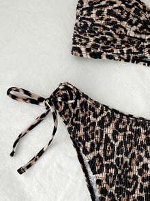 Swim Vcay Conjunto de traje de baño para mujer de verano y playa con top de bikini de tirantes desmontables con estampado de leopardo y braguita de triángulo fruncida con cordón - Multicolor - Ver 7