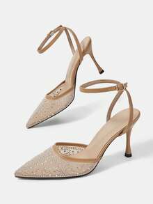 CUCCOO HITCHD 2026 Neue Damen verstellbare Schnalle modische und elegante High-Heels, 9cm spitze Stiletto Schuhe, Aprikose leeres Mesh gepresste Strass Glas dekorative Pyramiden Absatz sexy High-Heels, charmante After-Party Riemen Knöchelriemen Stiletto Mode Schuhe, Büro Damen Outdoor Kleidung, geeignet für Hochzeiten, Abendessen, Partys, Frühlingsferien Ostern Aprikosen - Aprikose 1 - Übersicht 3