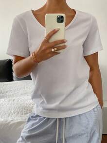Livesso Women Summer Casual Basic Slightly Loose T-Shirt, Teacher - White - View 2