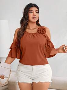 Vionelle Plus Cold Shoulder Ruffle Trim Blouse For Summer For New Year Clothes - Rust Brown - View 6