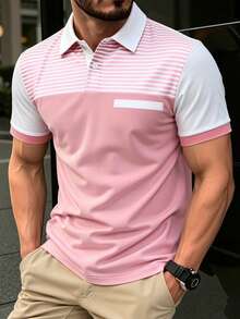 Manfinity Homme 男士商務條紋半開襟鈕扣短袖 Polo 衫，儀式穿著 - 彩色 - 查看 1