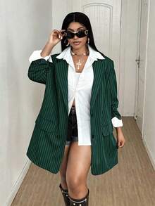 Maweii Plus Size Fashion Commuter Striped Jacket - Dark Green - View 3