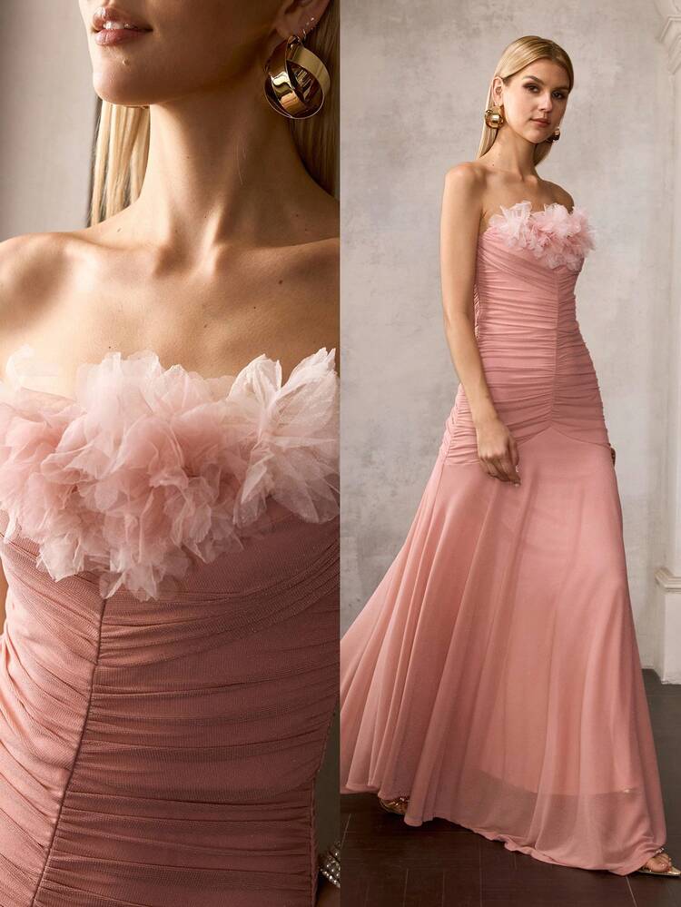 MOTF Soiréza PLEATED RUCHED 3D FLORAL ELEGANT COCKTAIL DRESS, SPRING/SUMMER