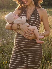 SHEIN Maternity Sleeveless Backless Striped Casual Dress With Spaghetti Straps, Summer Beach - Brown - View 2