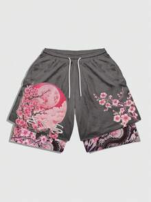 ROMWE MEN Anime Men's Japanese Manga Cherry Blossom Print Faux Two-Piece Shorts - Multicolor - View 6