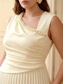 ZEYLAH Plus Size Women's Cinched Waist Gathered Bead Chain Decor Ruched Long Dress Spring Summer - Apricot - View 2
