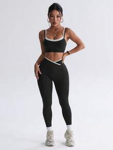 SHEIN Sports 無縫高彈力女款健身休閒日常運動收腰提臀套裝 - 黑色 - 查看 4