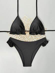 Bonvoyette 2026 Spring/Summer Triangle Cup Black Fabric Drawstring Ruched Hem Design Gold Starfish Shell Conch Pendant 3-Piece Set Sexy High Cut Bikini For Women, Suitable For Beach, Seaside, Pool - Black - View 4